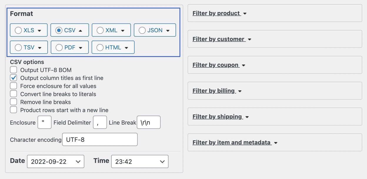 the format section to use WooCommerce to export orders via CSV