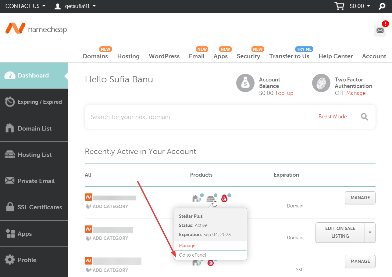 locating cpanel in hosting account