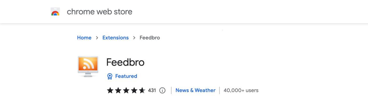 How to find the RSS feed of a website using the Feedbro Chrome extension.