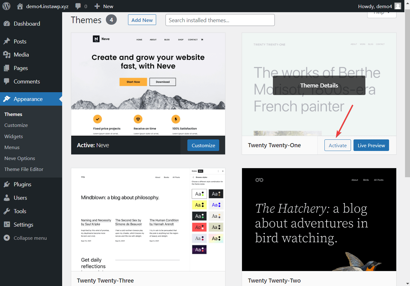 activate default wordpress themes