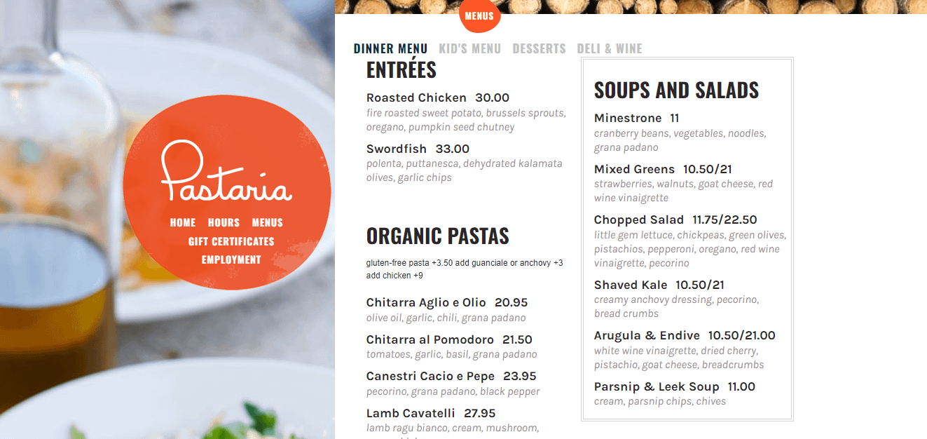 The menu on Pastaria