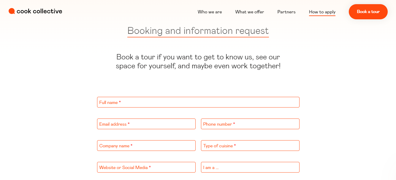 Booking form on the Cook Collective page