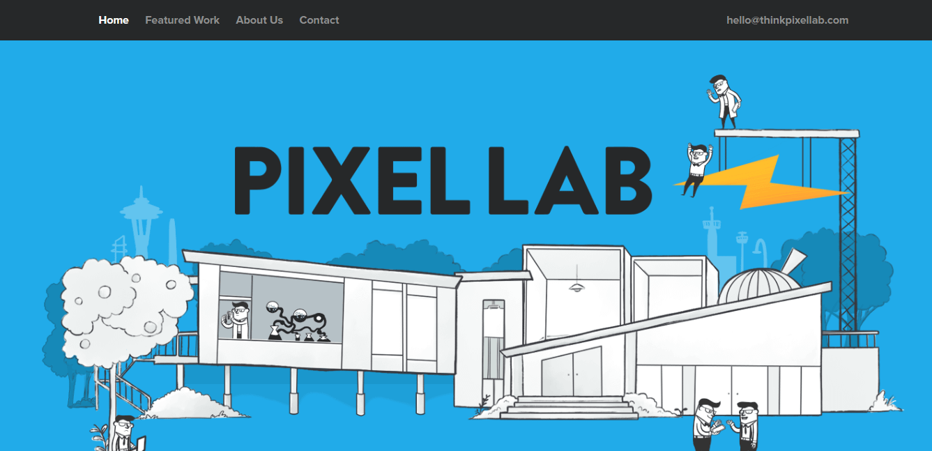 Pixel Lab homepage is a one page website example of a web design and development studio.