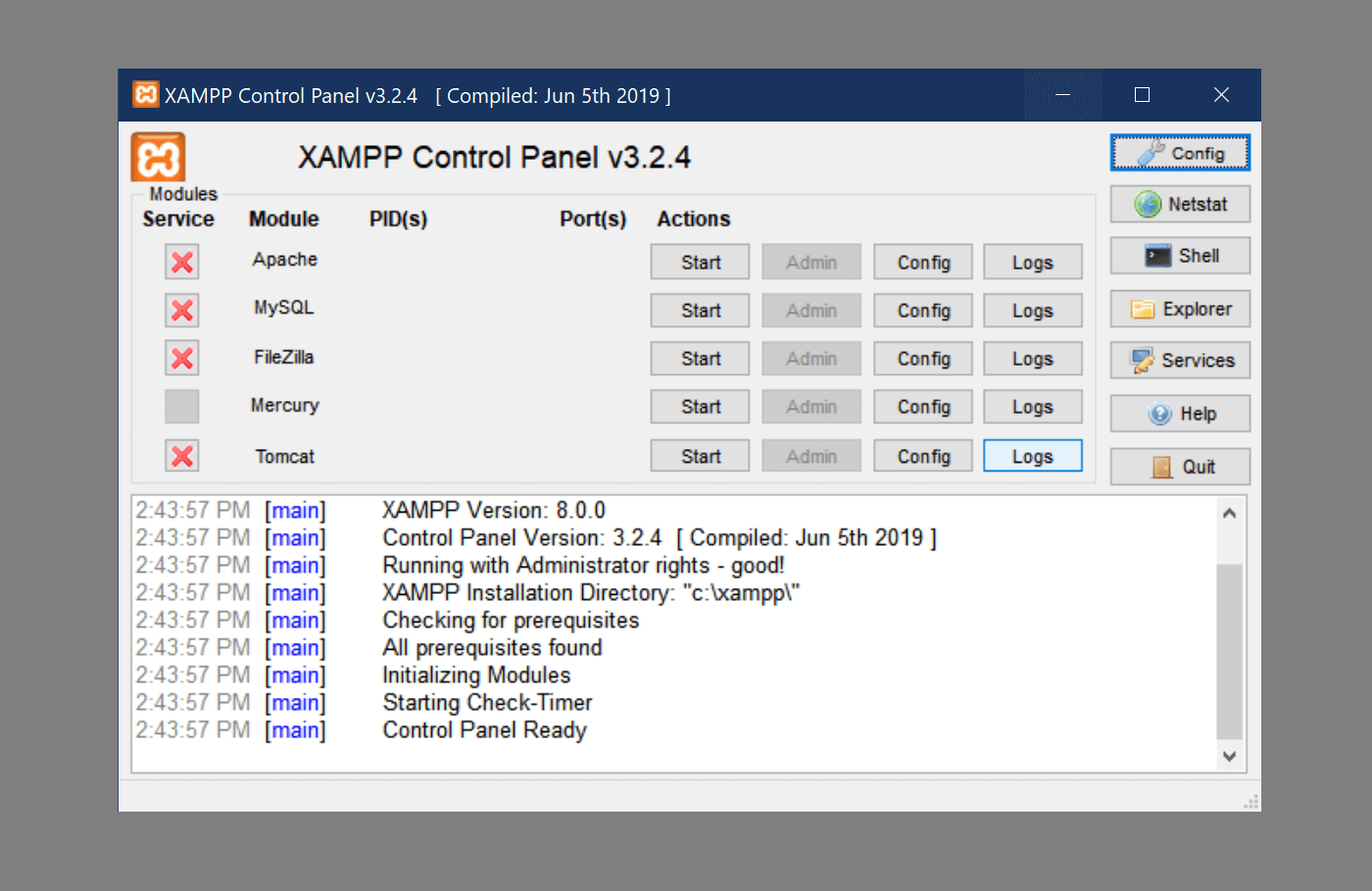 A properly operating XAMPP dashboard with no Apache error.