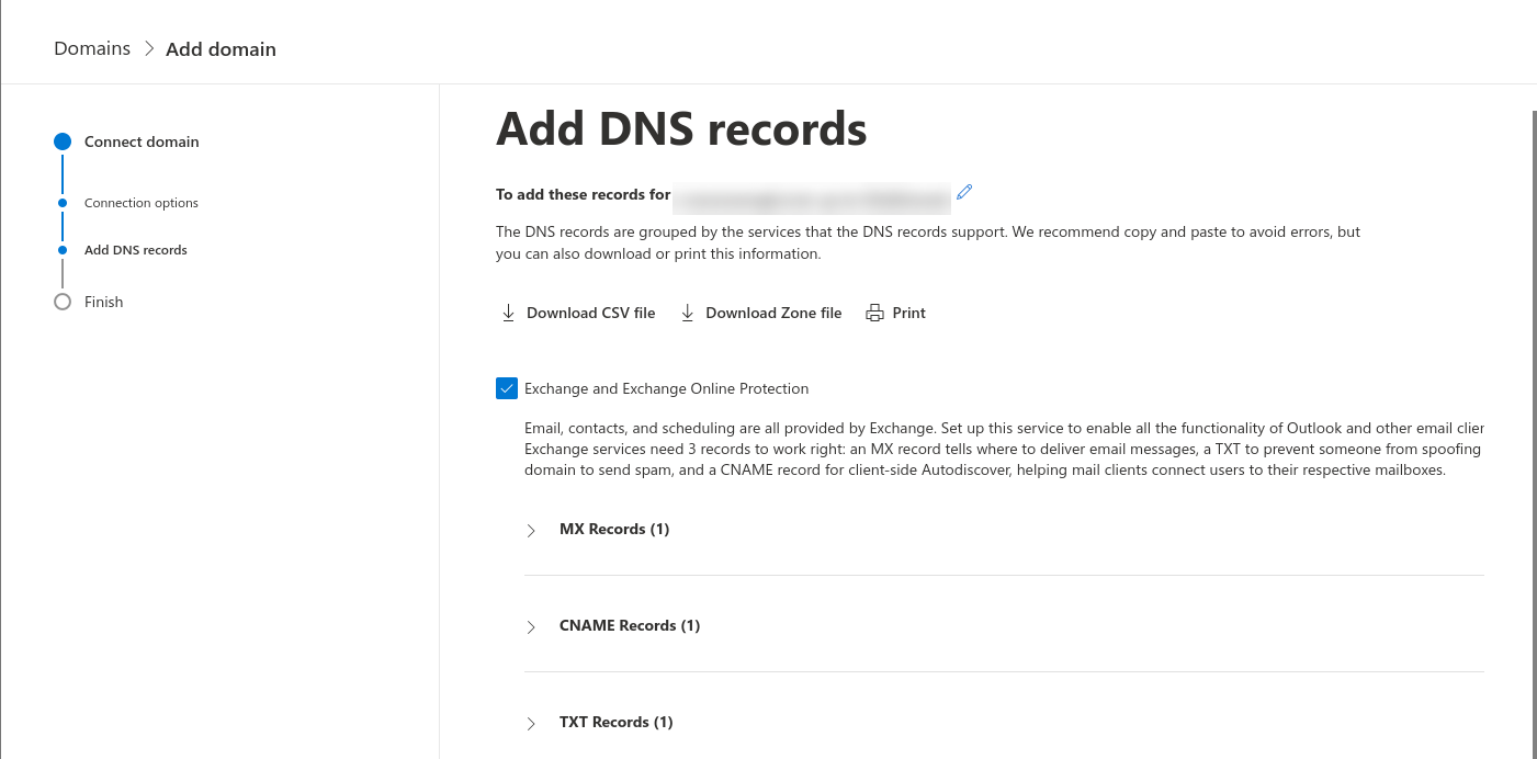 The 'Add DNS records' page to set up a custom domain with a Microsoft 365 business email address.