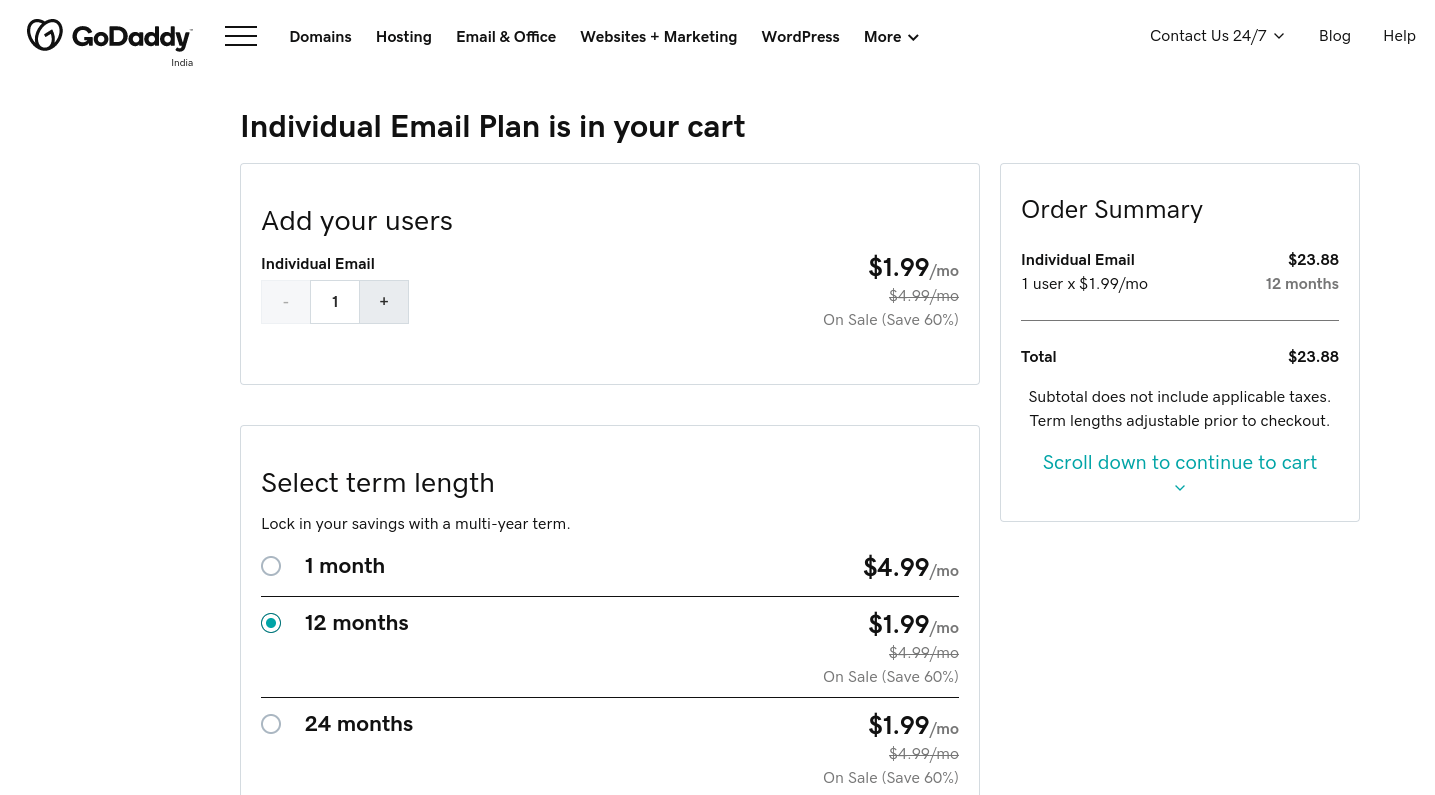 The GoDaddy individual email plan purchase page.