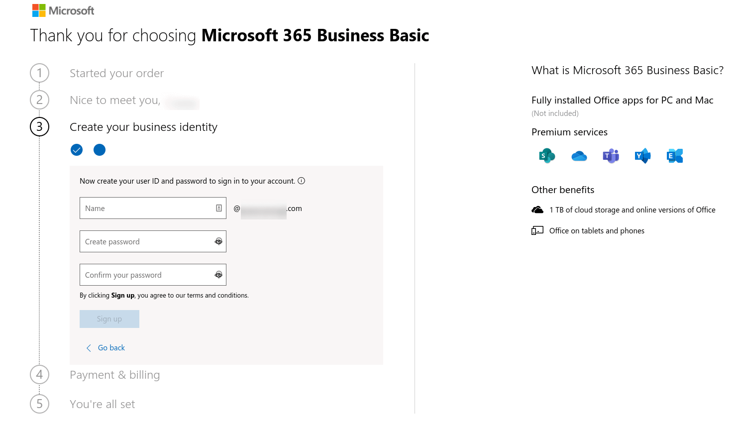 The form to create a user ID and password for Microsoft 365.