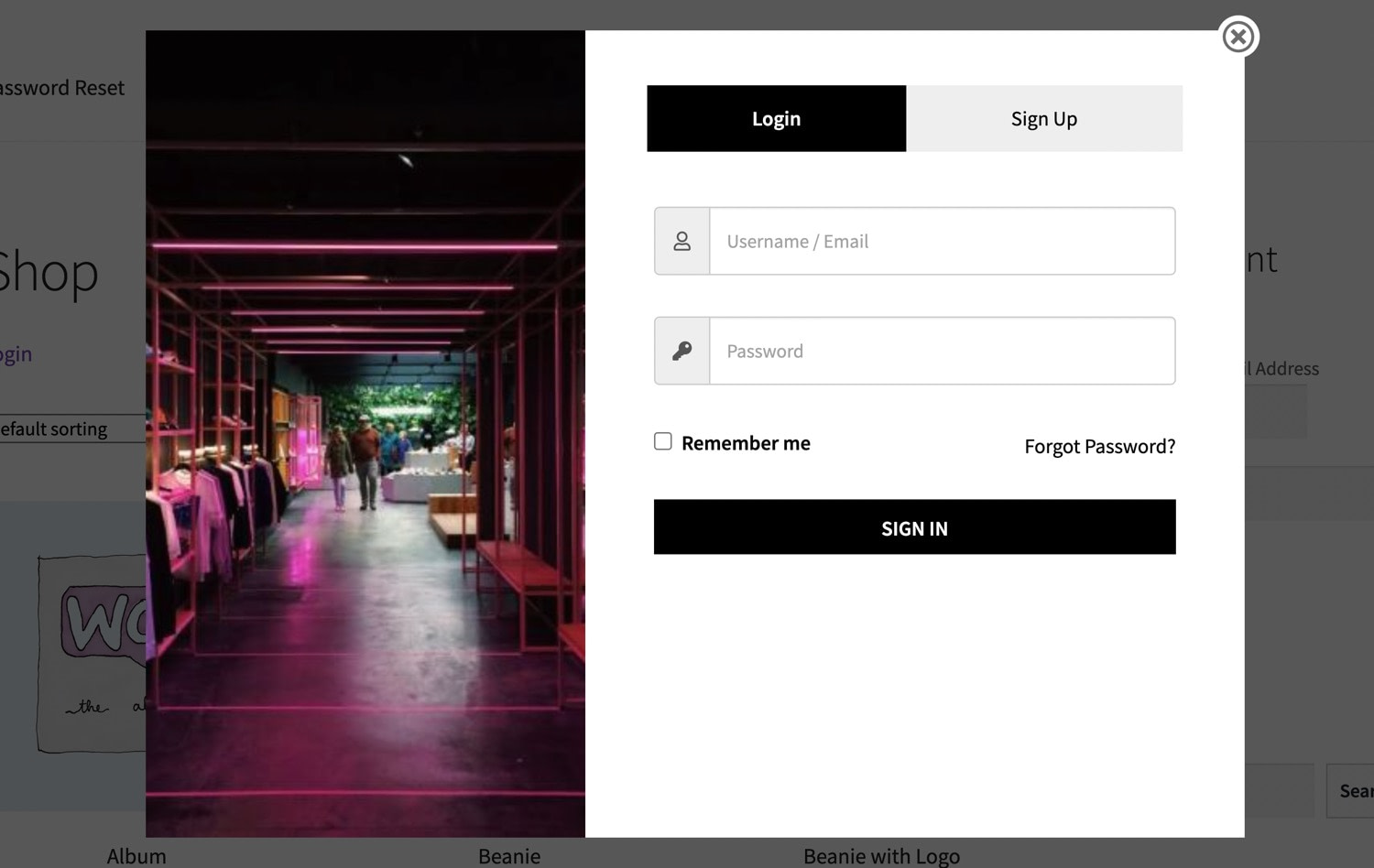 View of popup WooCommerce login form 