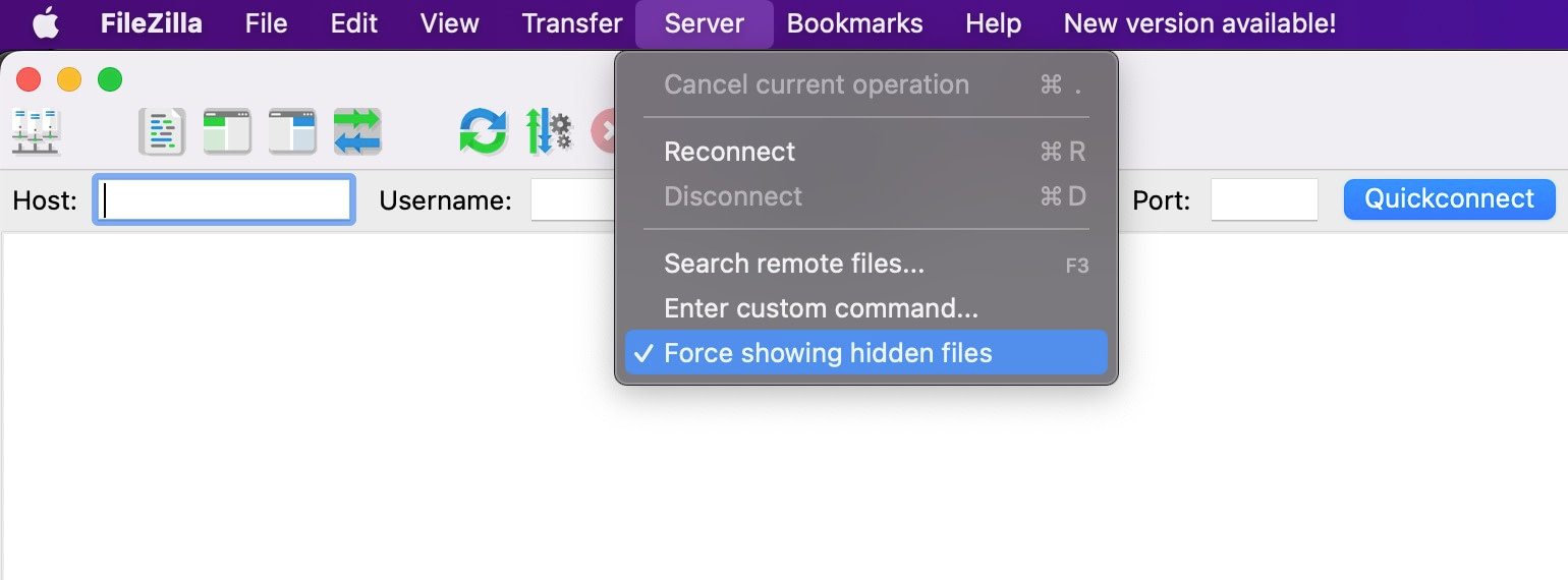 How to force showing hidden files in FileZilla