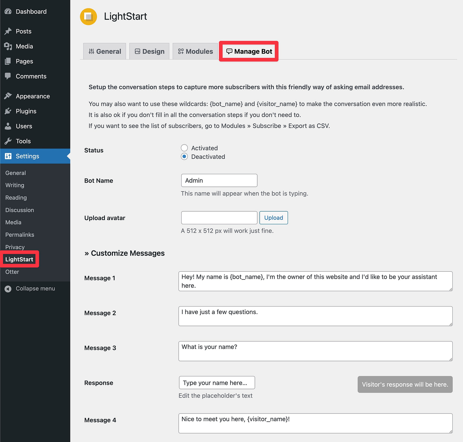 LightStart chatbot settings for the WordPress coming soon page