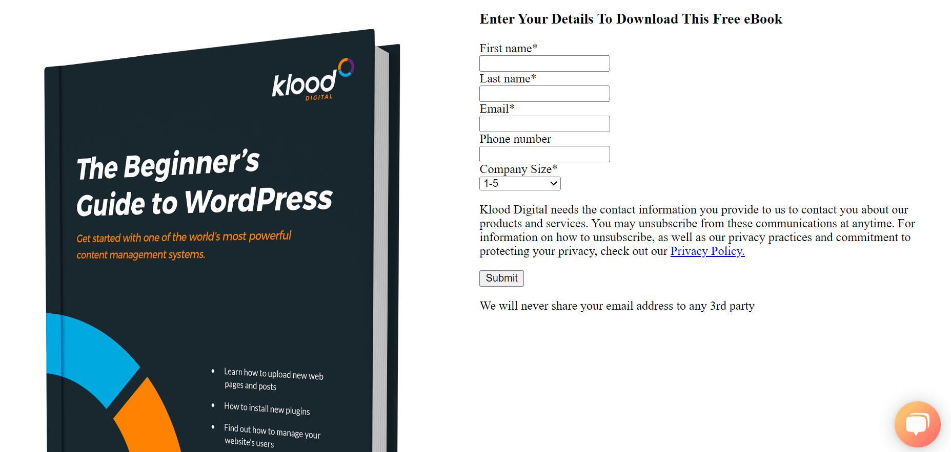 Klood offers gated content in the form of an ebook in exchange for personal info.