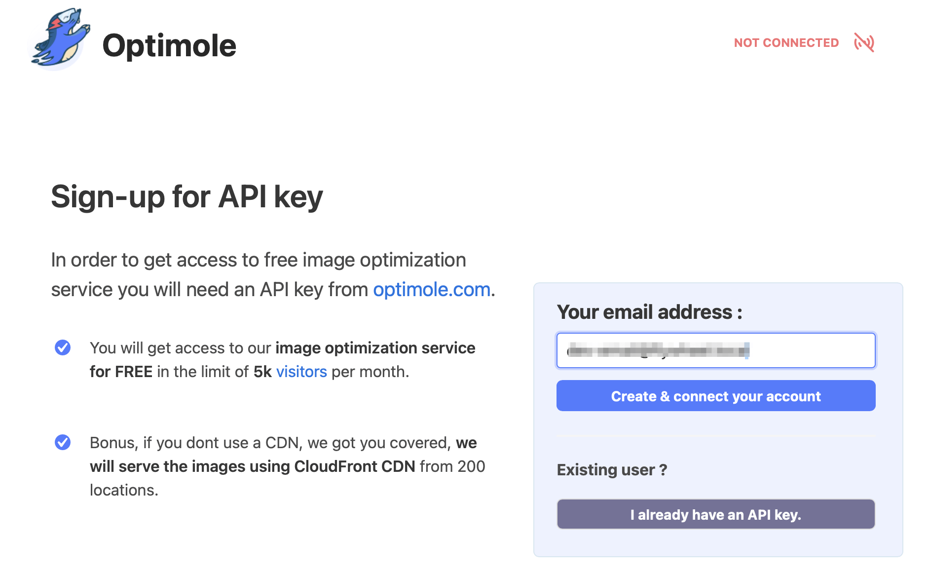 To extend WordPress to host images externally, first create an Optimole account.