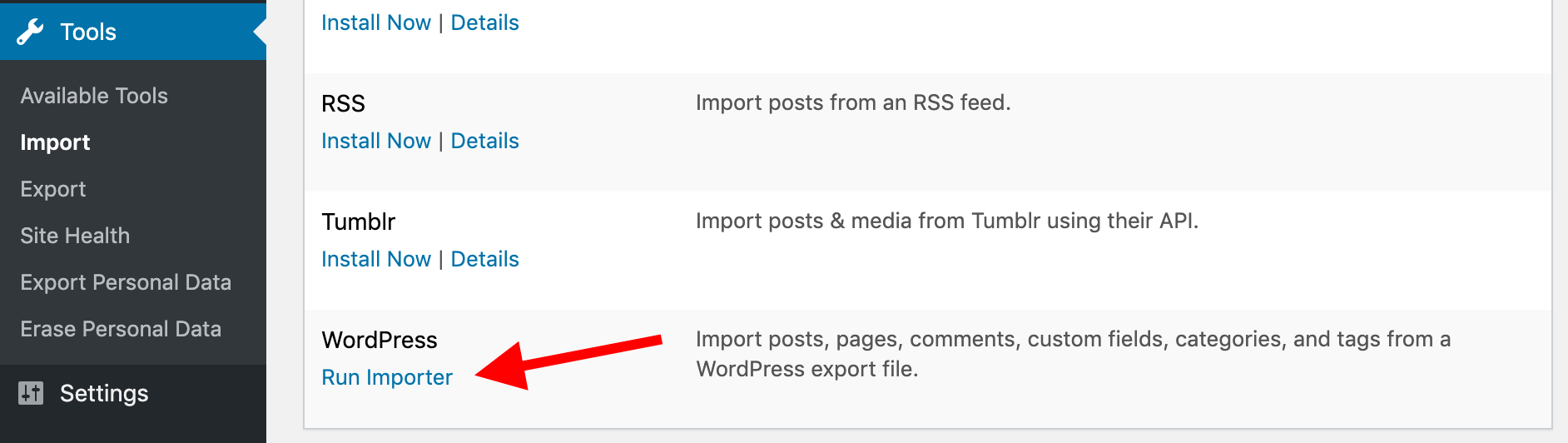 run importer in WordPress