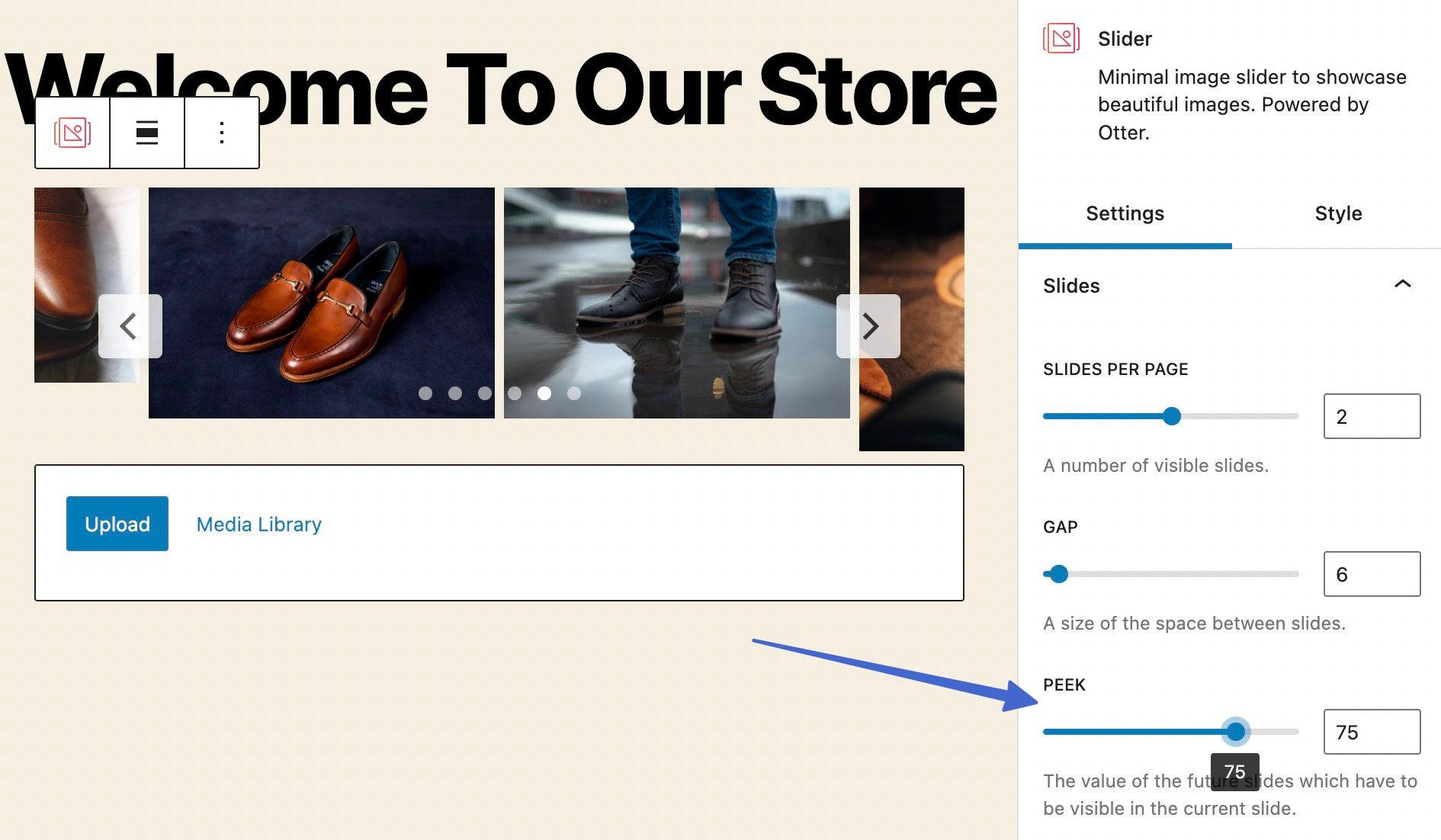 Using the peek setting for a slider in WordPress 