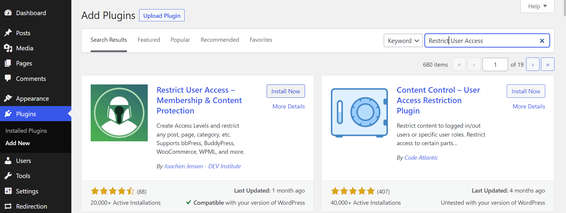 Search for the Restrict User Access plugin within the WordPress dashboard.
