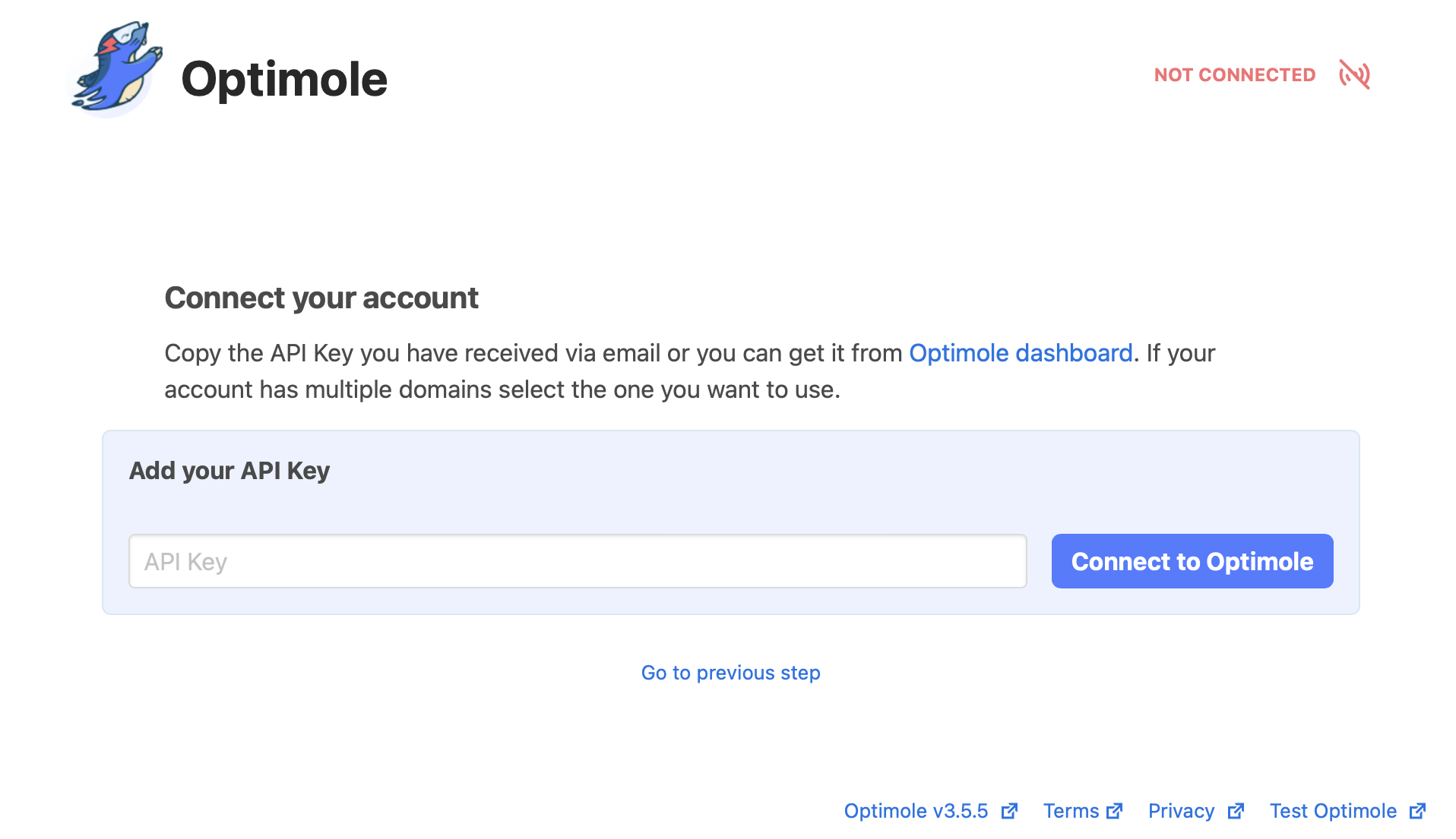 Enter the Optimol API Key to connect to your account