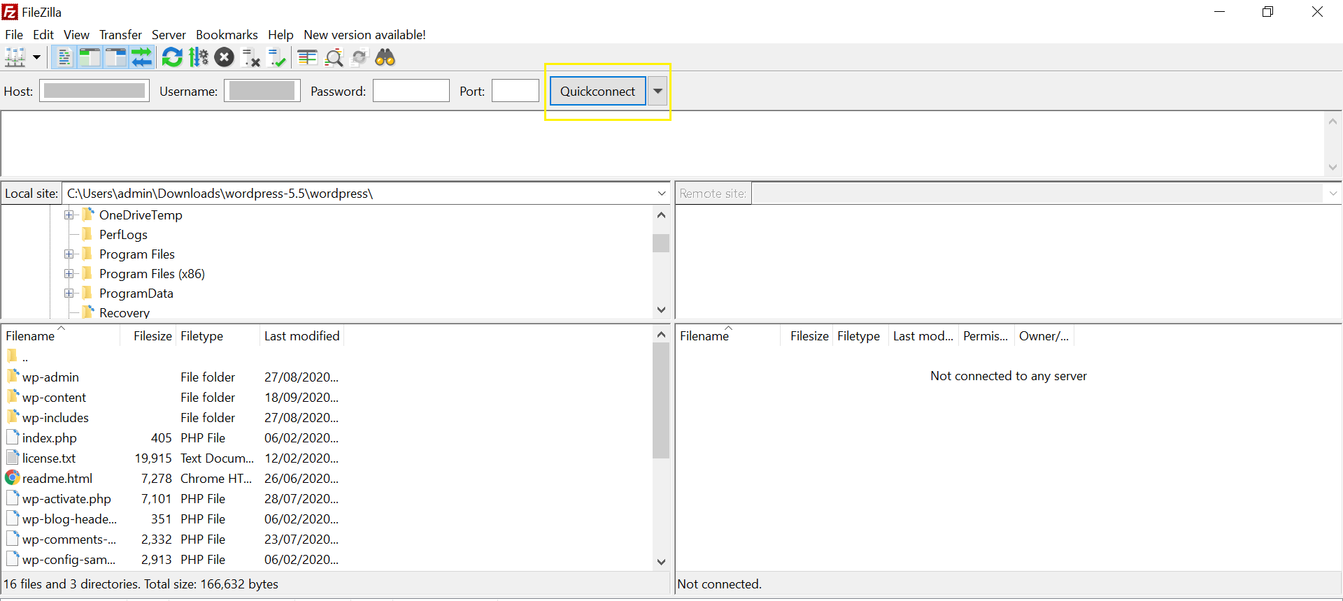 Connecting to a server via FTP with FileZilla.