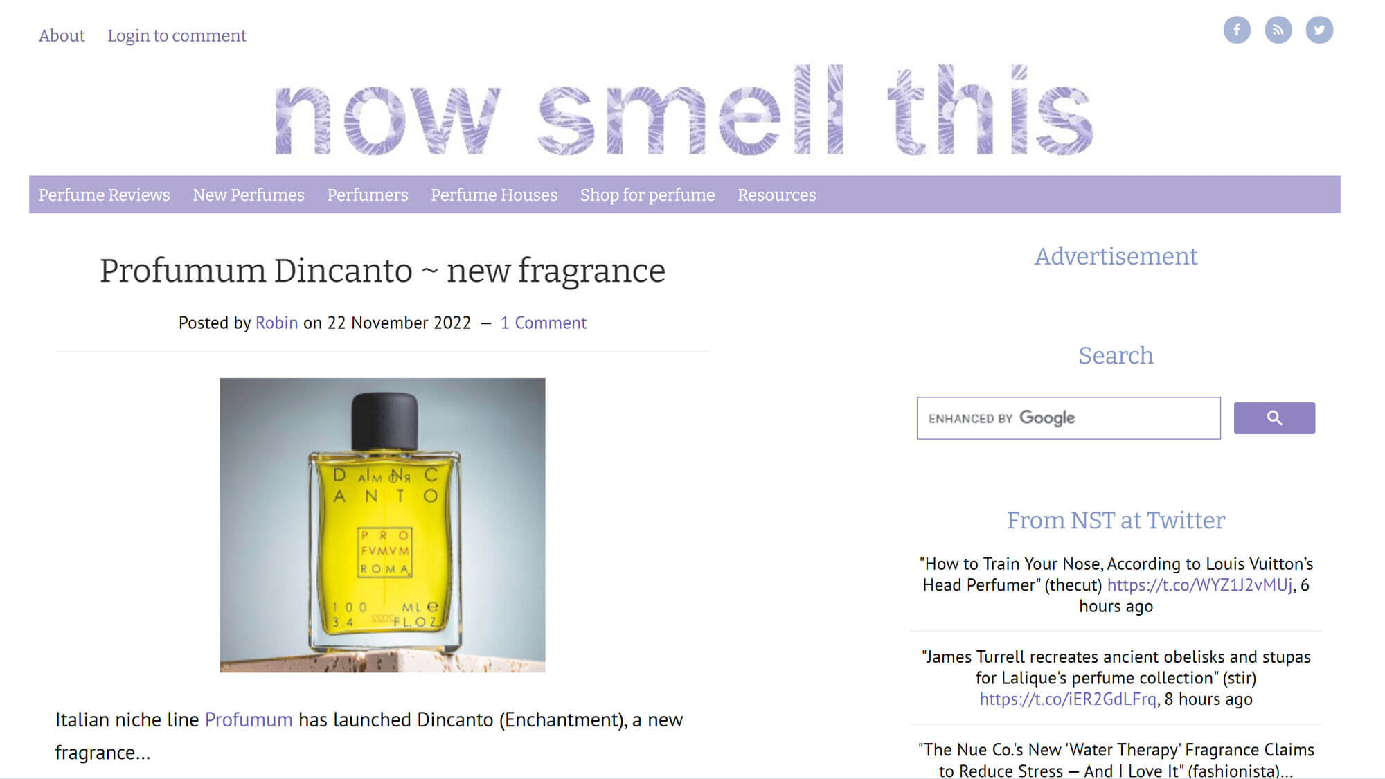 Monetizing WordPress: Now Smell This perfume blog homepage
