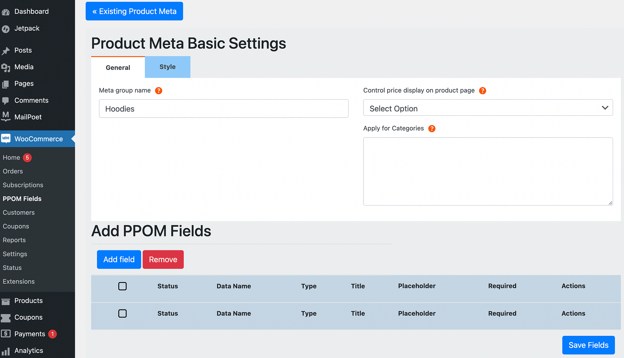 Product meta basic settings for PPOM plugin.