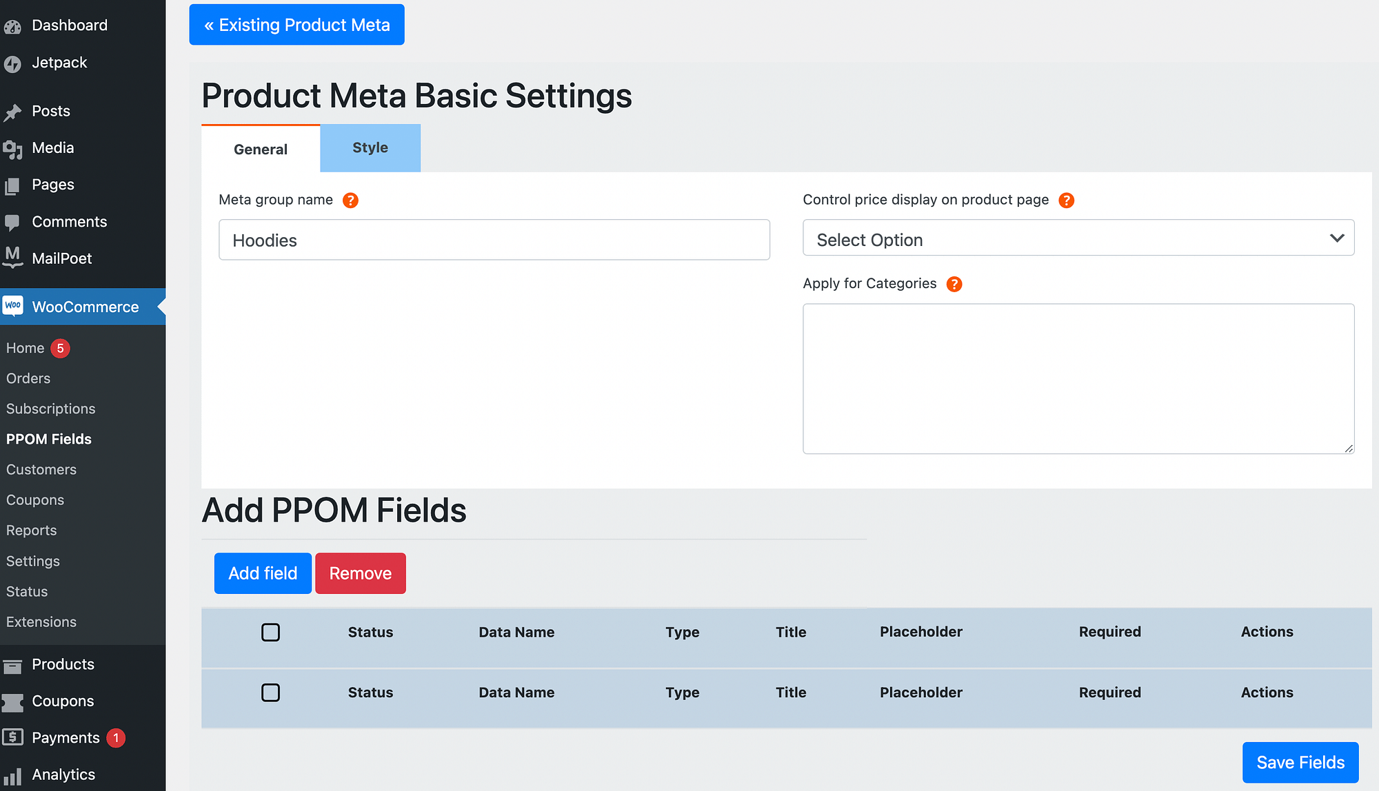 Product meta basic settings for the PPOM plugin.