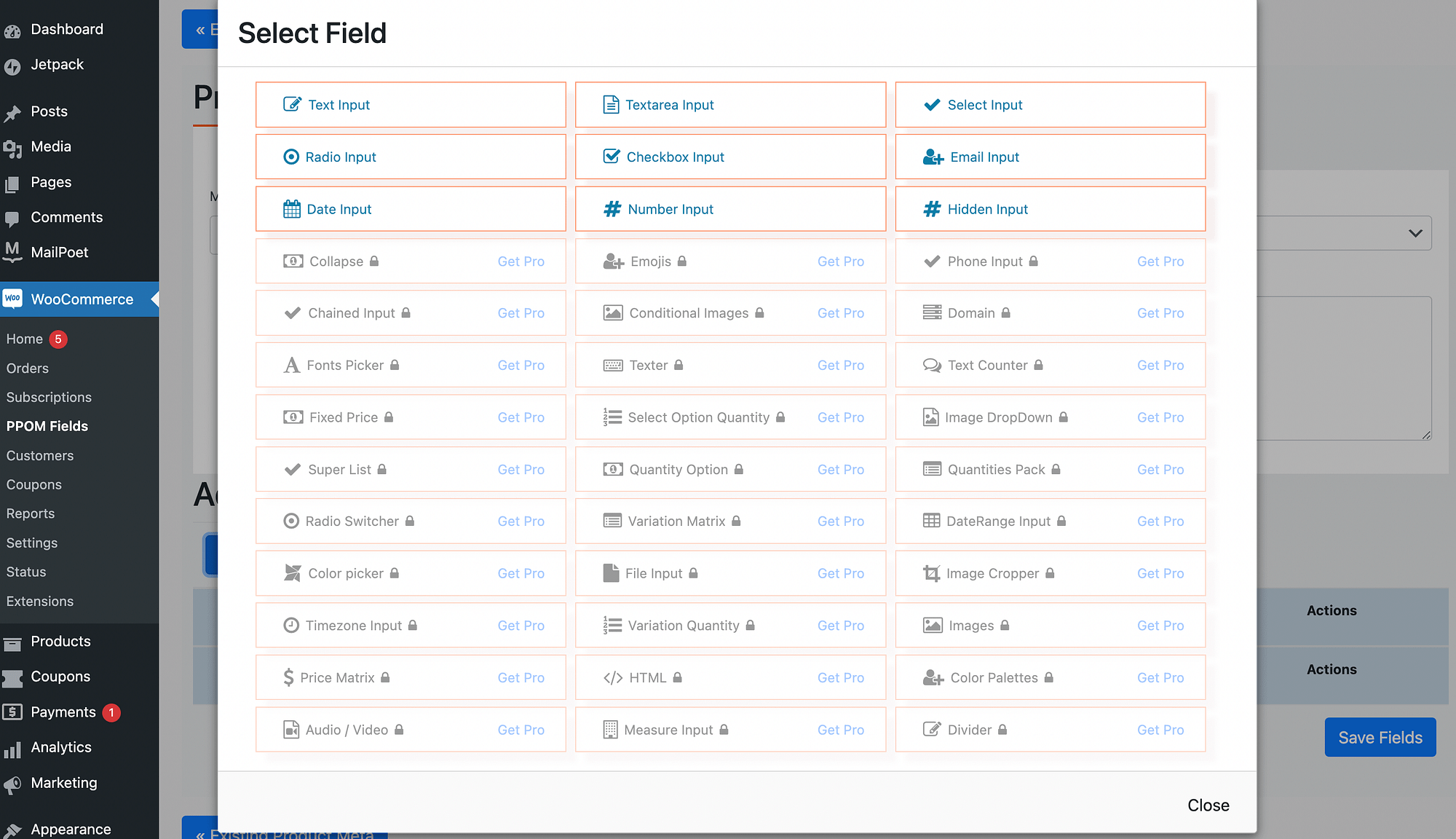 Selecting the WooCommerce Product Options field in the PPOM settings.