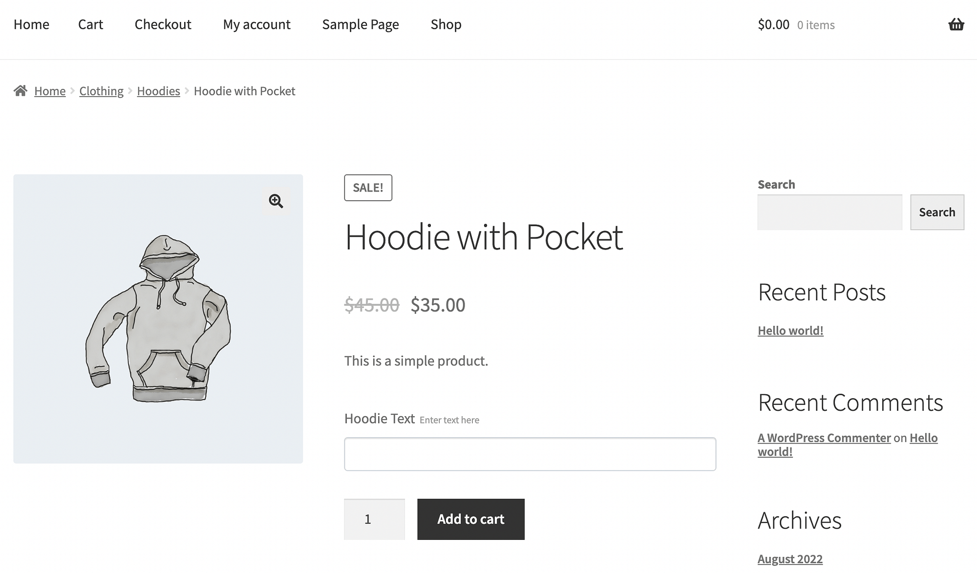 Front-end view of a WooCommerce product with custom text fields.
