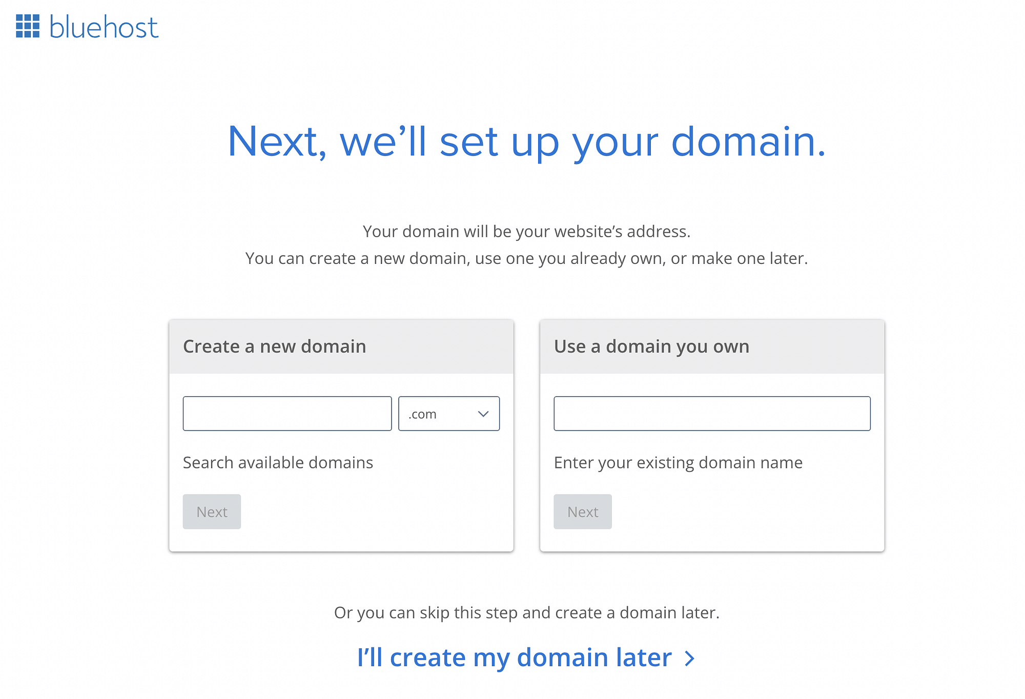 Selecting a domain name in BlueHost.