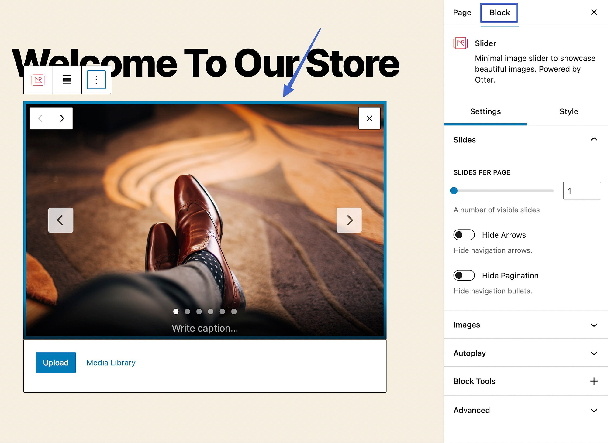 Bringing up the settings for a slider in WordPress 