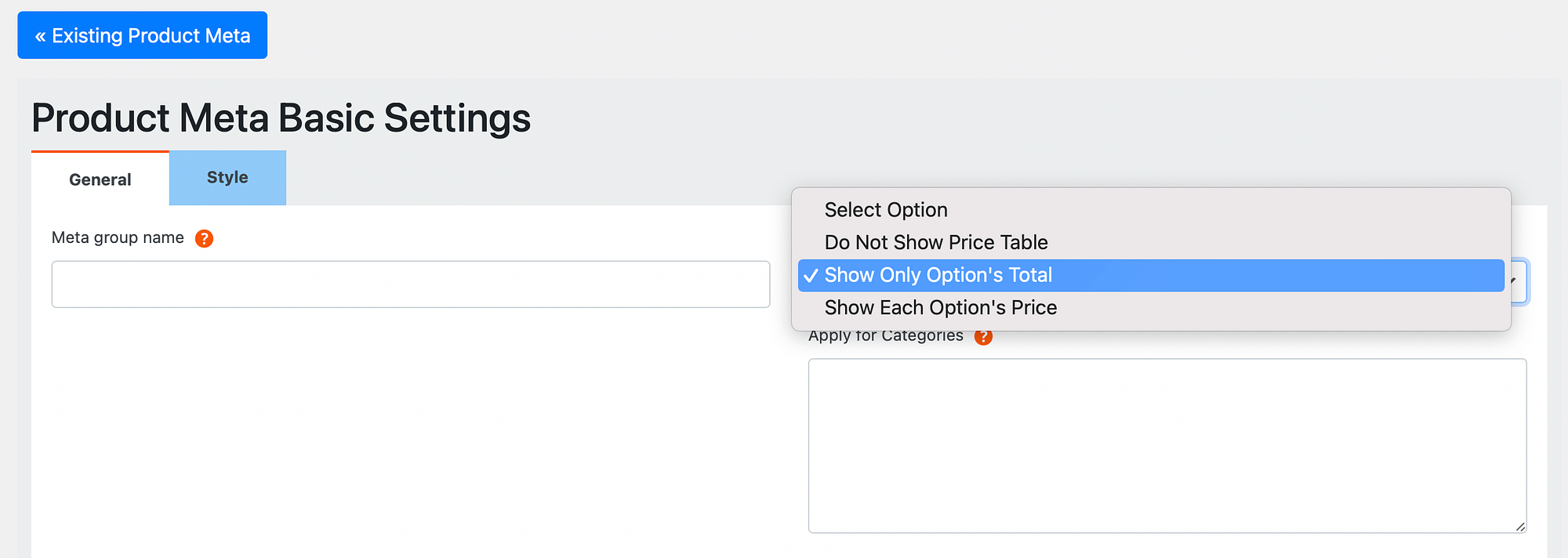 Product meta basic settings