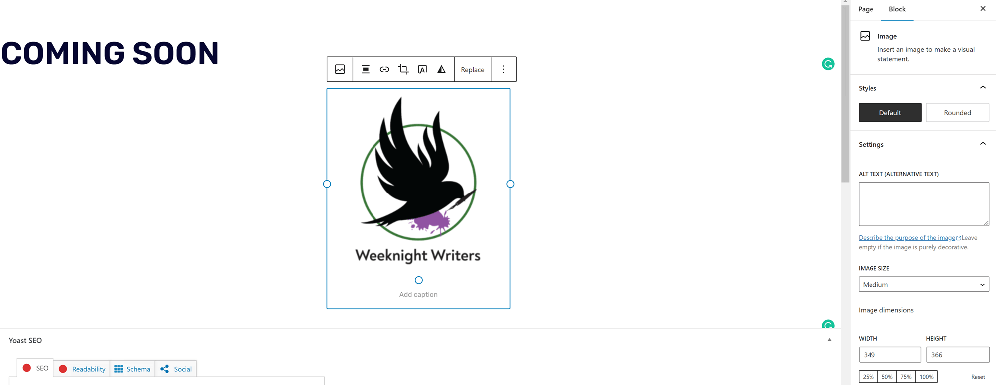 Image block options in WordPress