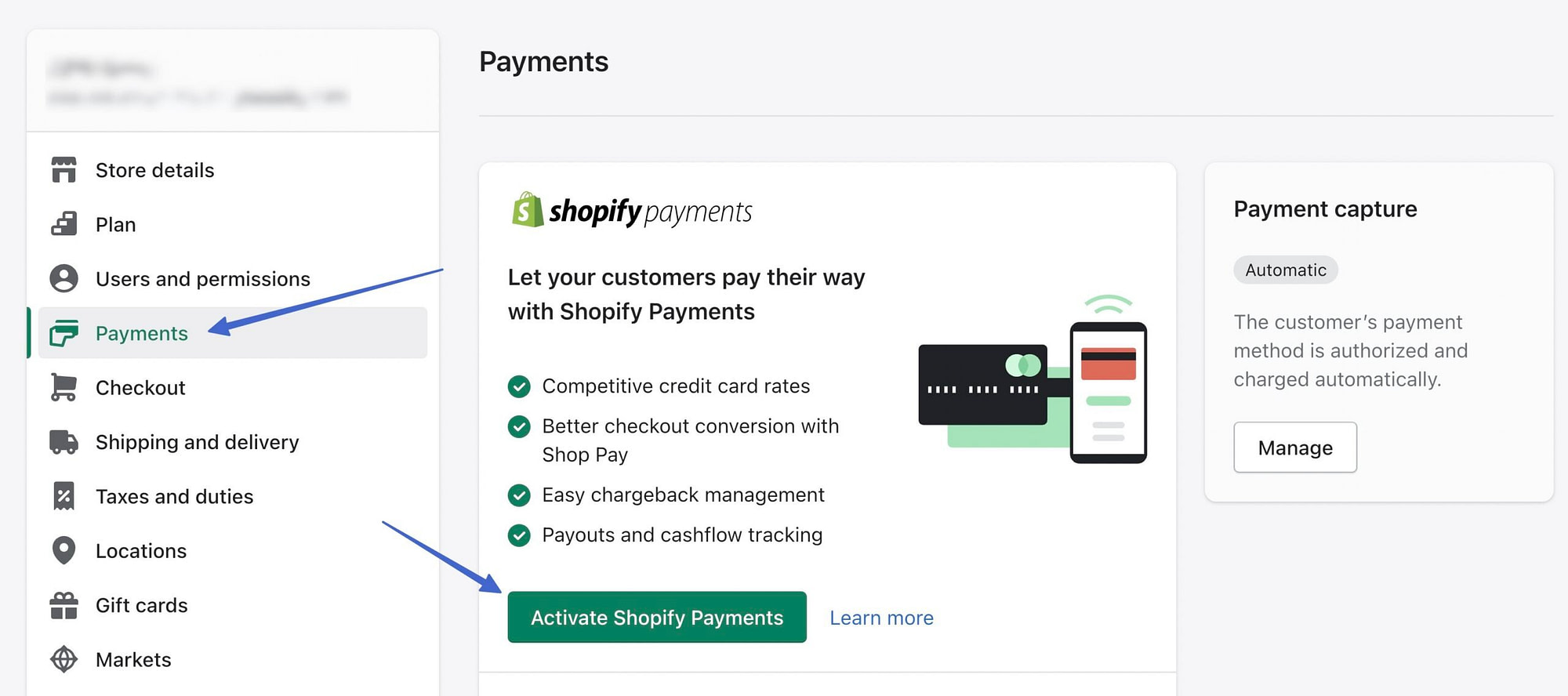 activating shopify payments for the Shopify WordPress integration 