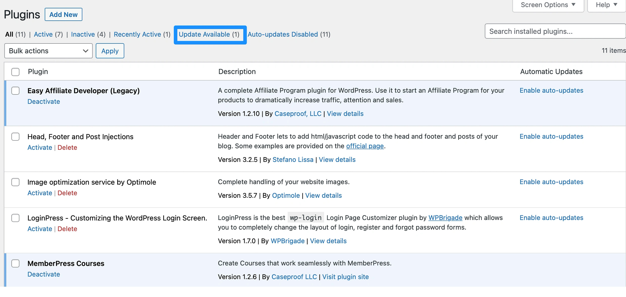 Checking what updates are available for plugins in the WordPress plugins admin dashboard