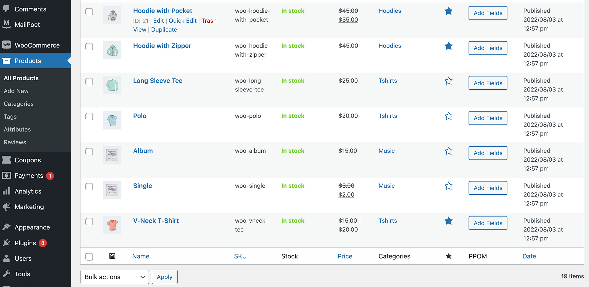 WooCommerce Products on the back-end of the WordPress dashboard.
