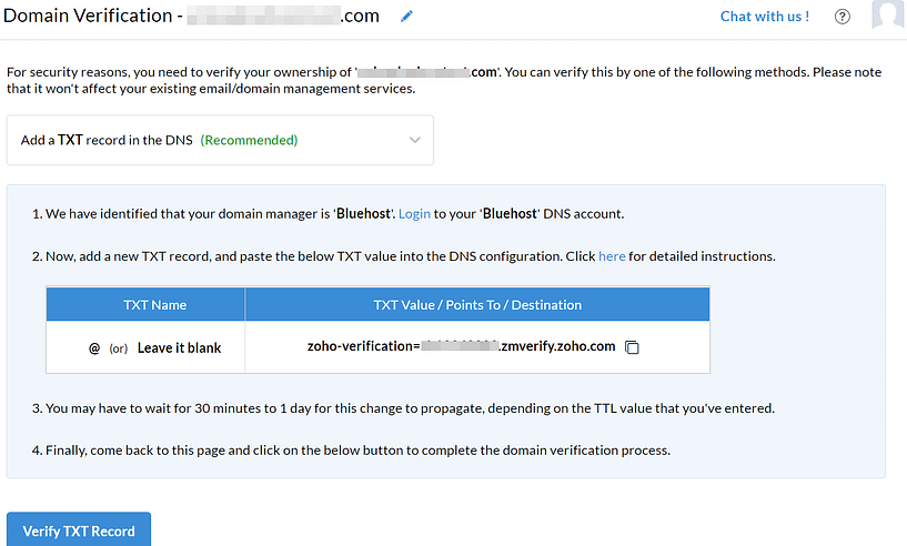 Verifying a domain with Zoho Mail.