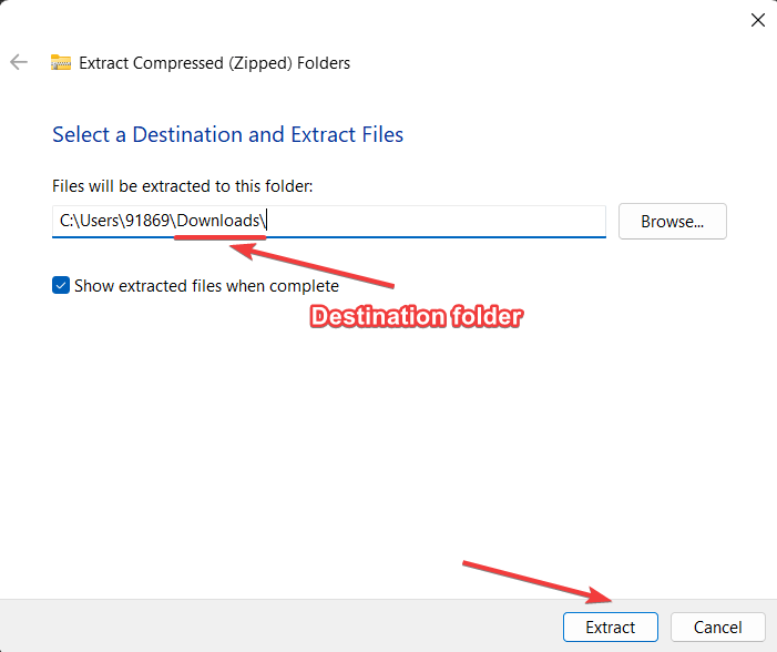selecting destination folder for extracted files