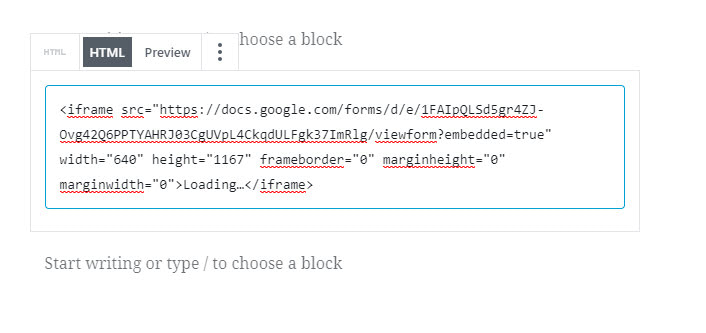 Ajouter le code d'intégration de Google Form dans WordPress