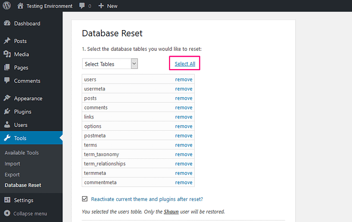 Database Reset Plugin, sélectionner all