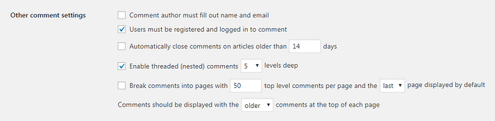 La section Autres configurations de commentaires sur WordPress.