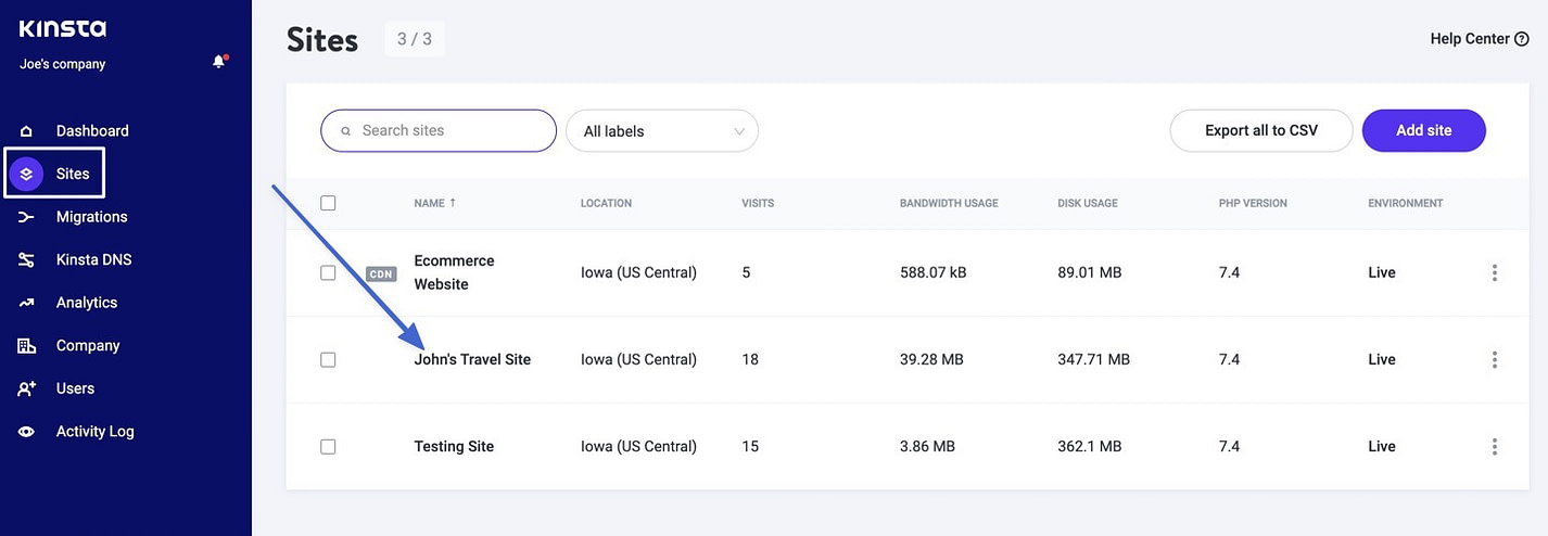 esempio di andare su un sito in kinsta