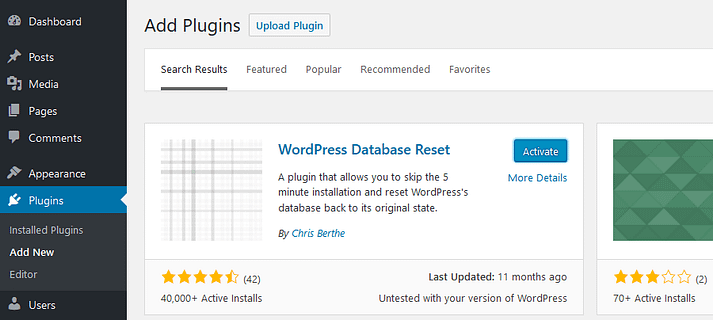 Installer le plugin WordPress Database Reset