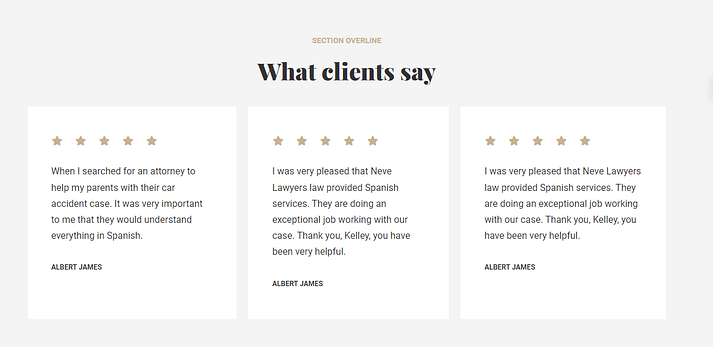 The testimonials section in the Neve theme is a popular feature to include when you build a law firm website.
