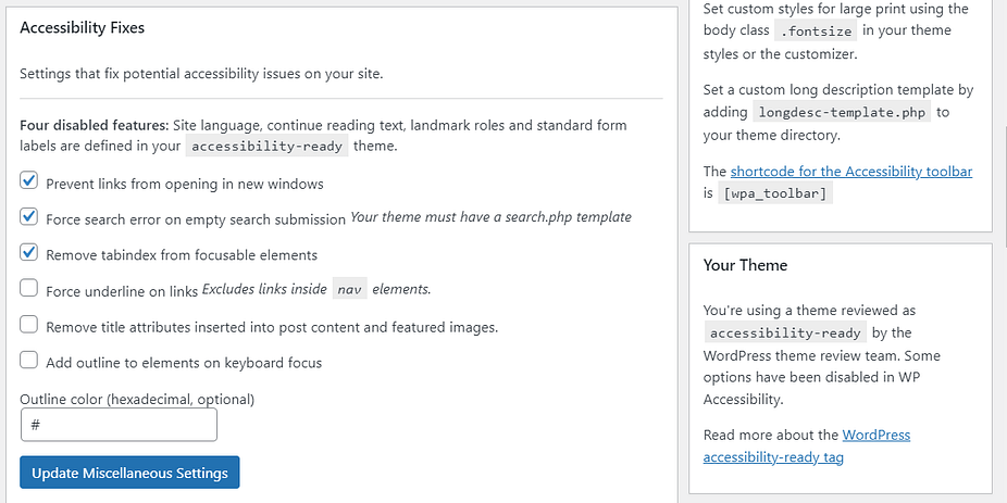 The settings for the WP Accessibility plugin, which is one of the best WordPress accessibility plugins available.