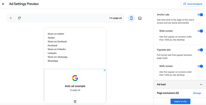 Configurações de anúncio âncora do Google.