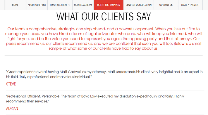 Client testimonials on a law firm website