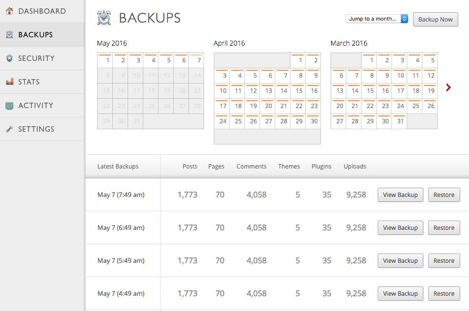 Interfaccia di backup di VaultPress