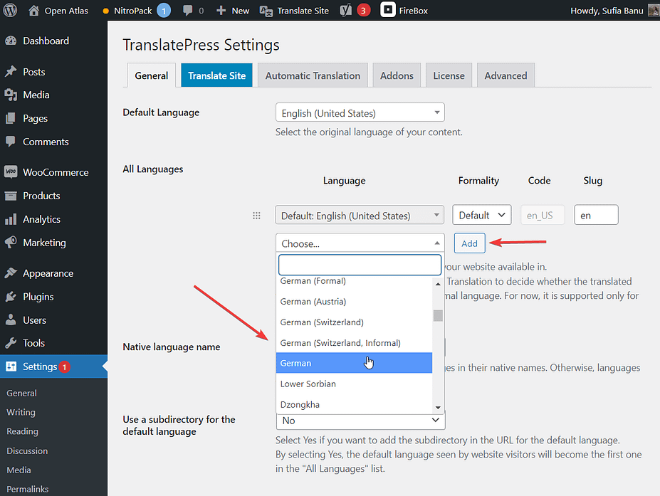 choosing translation language in translatepress