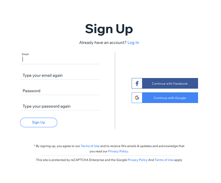 The Wix sign up page