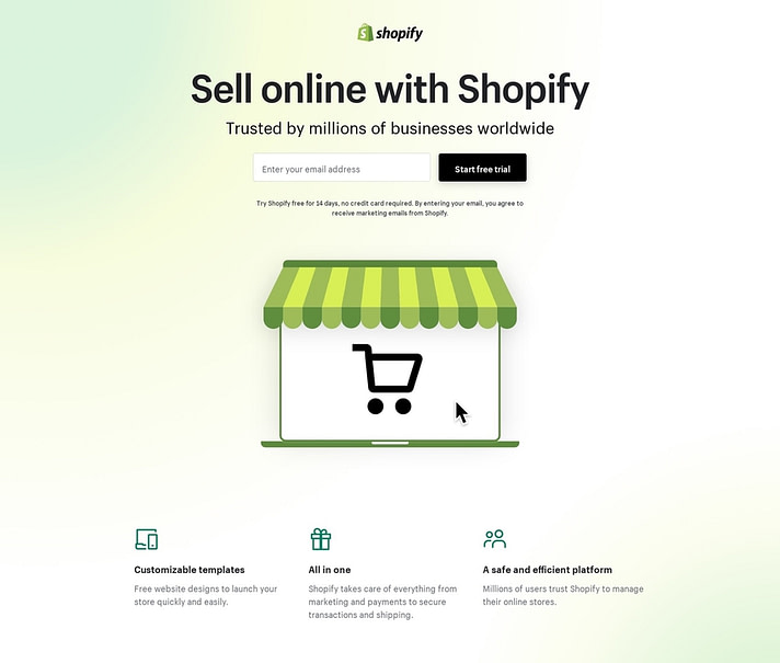 exemplos de página de destino: Shopify
