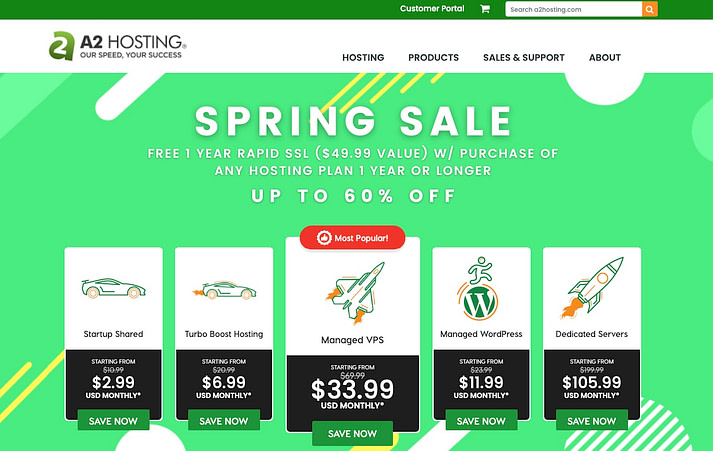 The cheap VPS hosting plans on the A2 Hosting website.