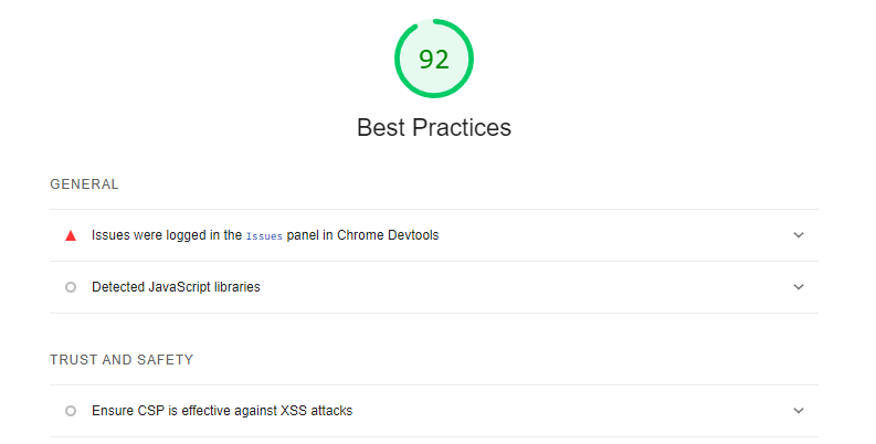 Lighthouse Best Practices report